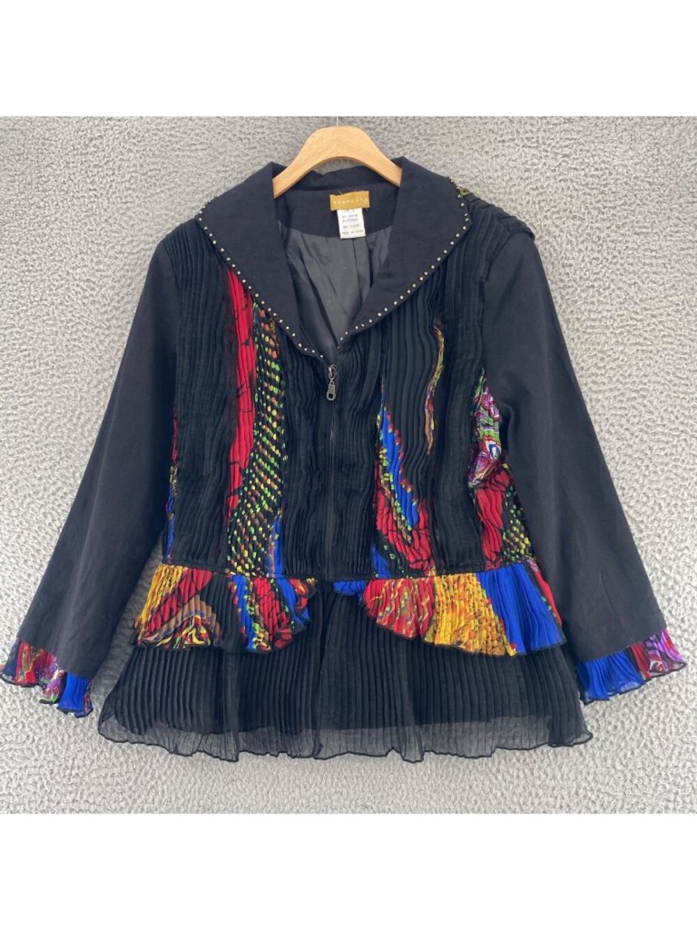 Seandara Jacket Womens Large VTG Black Cotton Beaded Collar Knife Pleat Ruffle